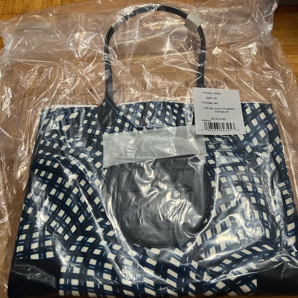 Tory Burch Black and White gingham blue white Ella Tote Bag